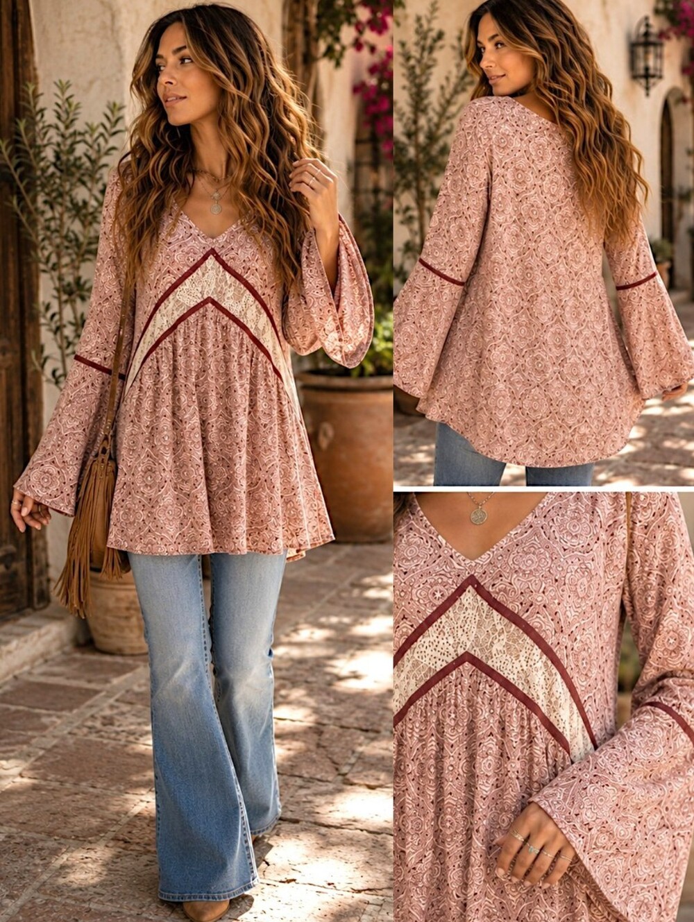 Entro Boho Paisley Tunic Top L Bell Sleeve Lace Trim Longline Festival Blouse